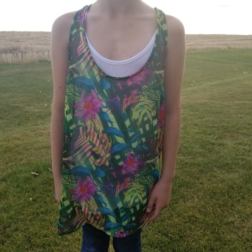 (S) NWT Powder Room Tropical Print Double Tank Top Flowy Vacation Outdoor